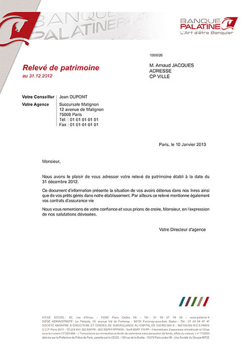 Page une du relevé de patrimoine Banque Palatine